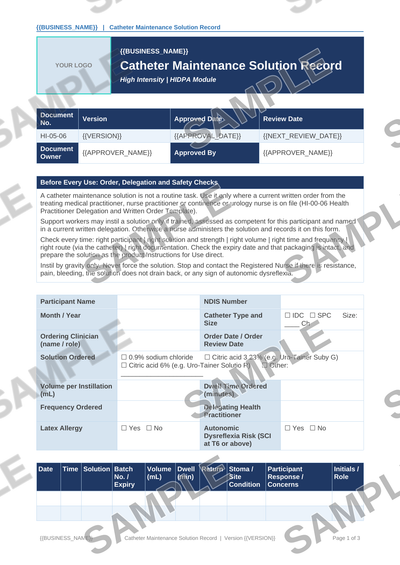 Catheter Maintenance Solution Record sample page preview