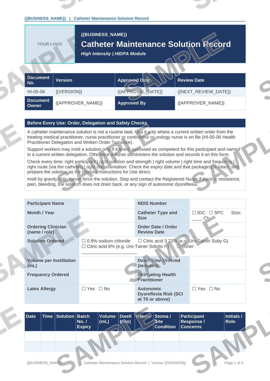 Catheter Maintenance Solution Record sample page preview