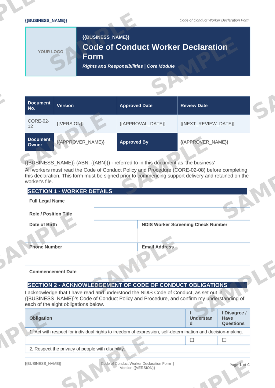 Code of Conduct Worker Declaration Form sample page preview