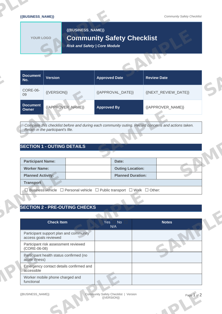 Community Safety Checklist sample page preview