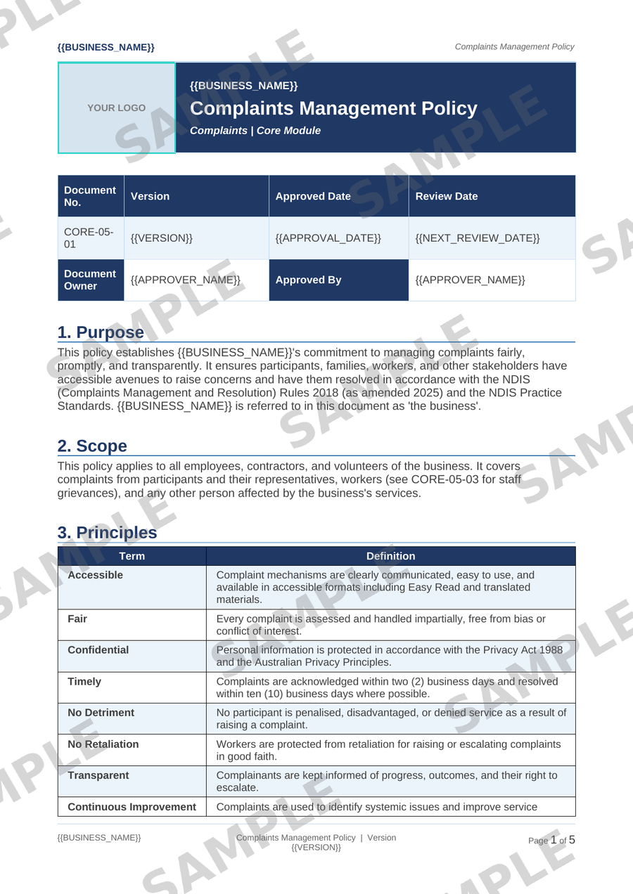 Complaints Management Policy sample page preview