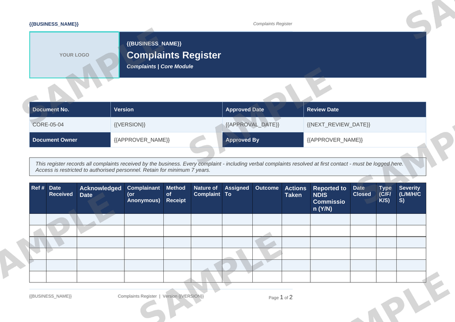 Complaints Register sample page preview