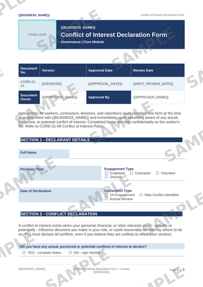 Conflict of Interest Declaration Form sample page preview