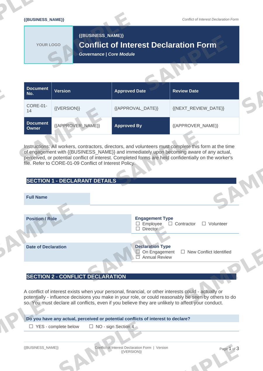 Conflict of Interest Declaration Form sample page preview