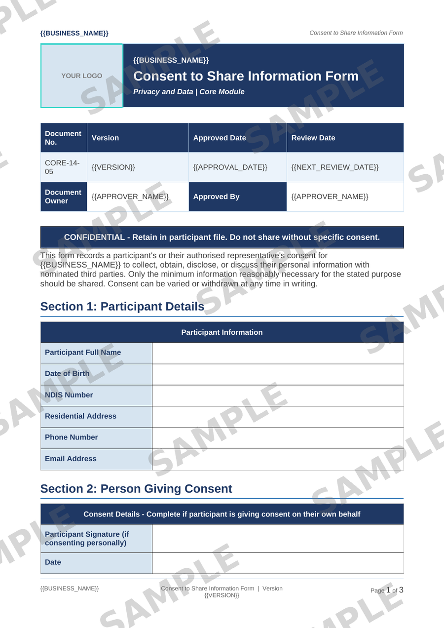 Consent to Share Information Form sample page preview