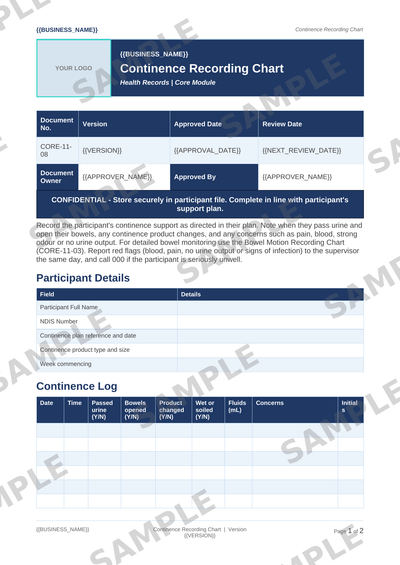 Continence Recording Chart sample page preview