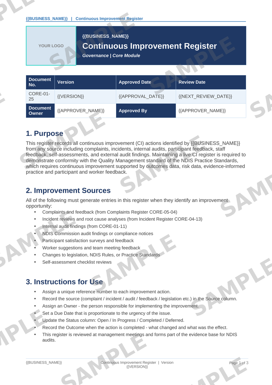 Continuous Improvement Register sample page preview