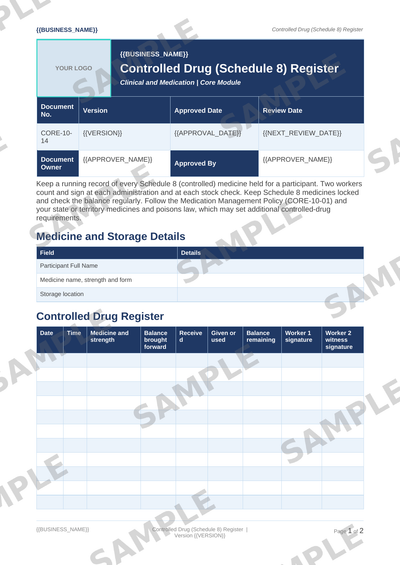 Controlled Drug (Schedule 8) Register sample page preview