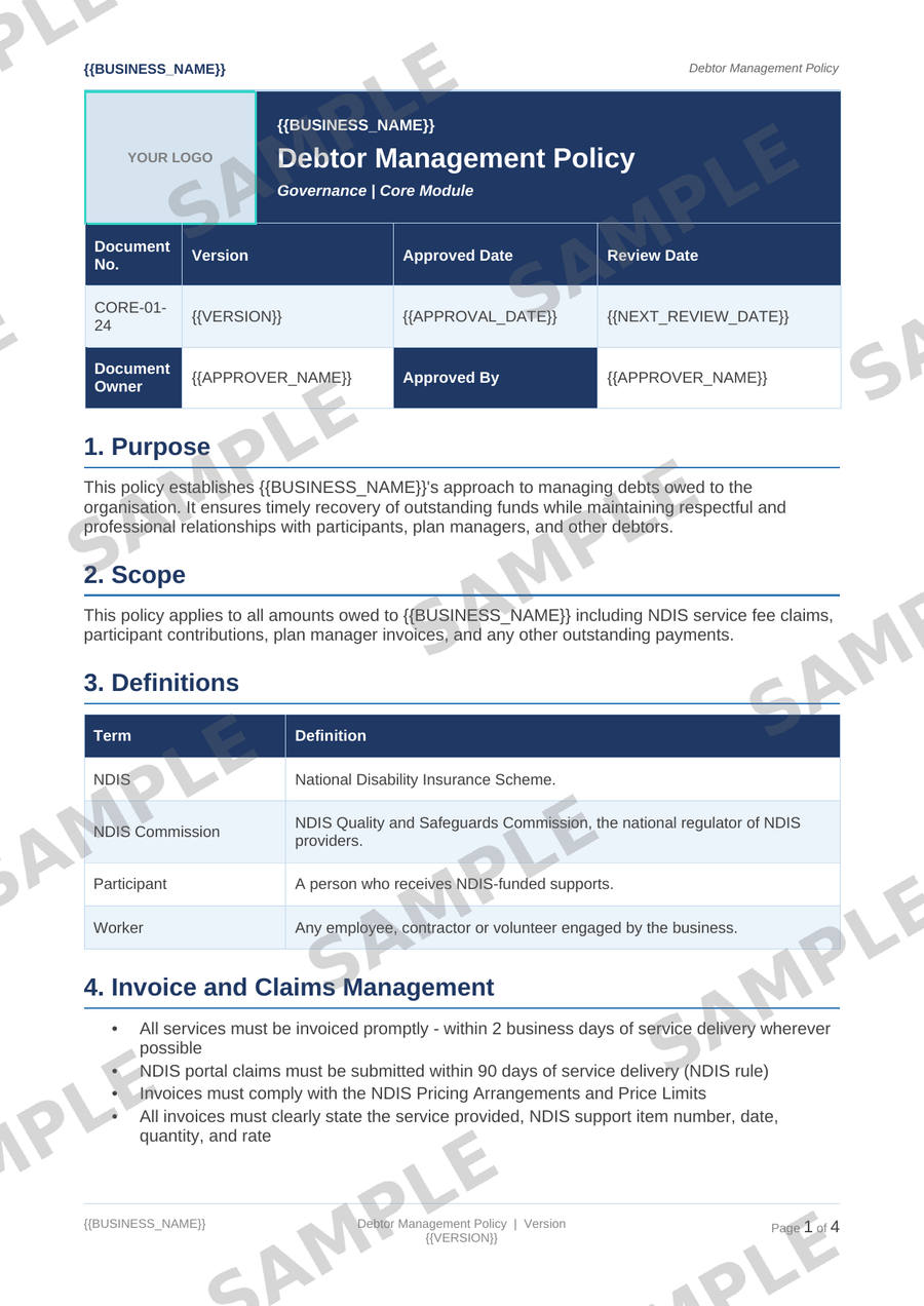 Debtor Management Policy sample page preview