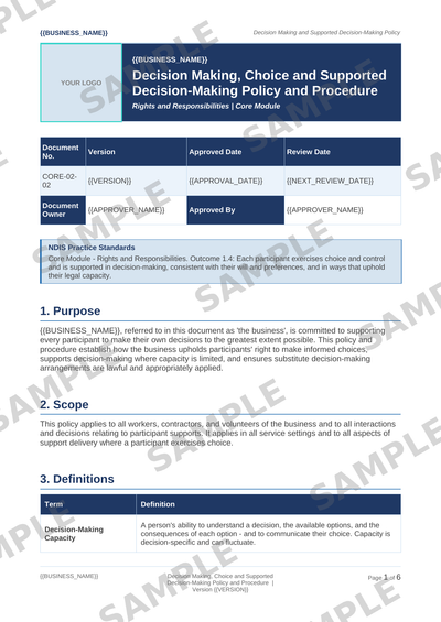 Decision Making, Choice and Supported Decision-Making Policy and Procedure sample page preview