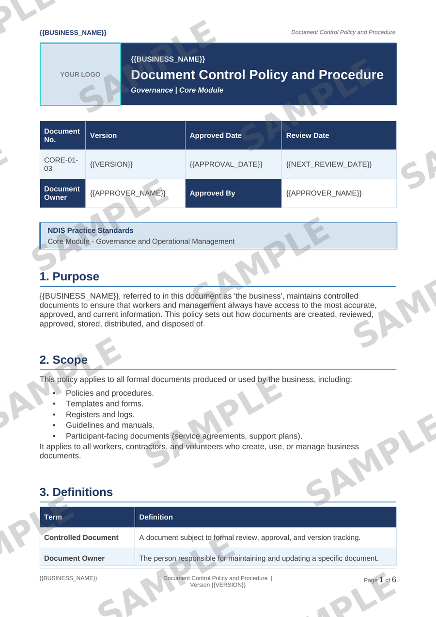 Document Control Policy and Procedure sample page preview