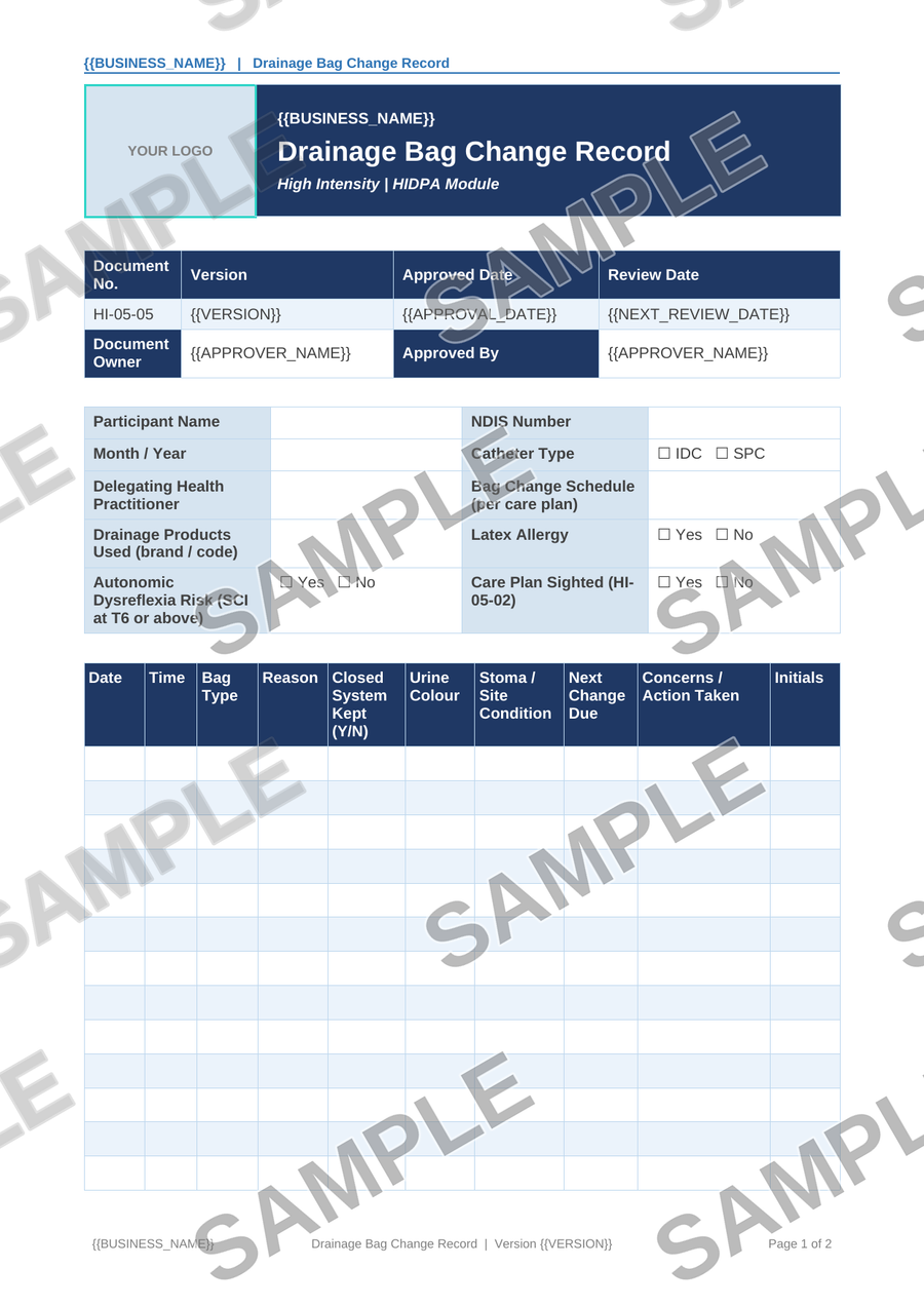 Drainage Bag Change Record sample page preview