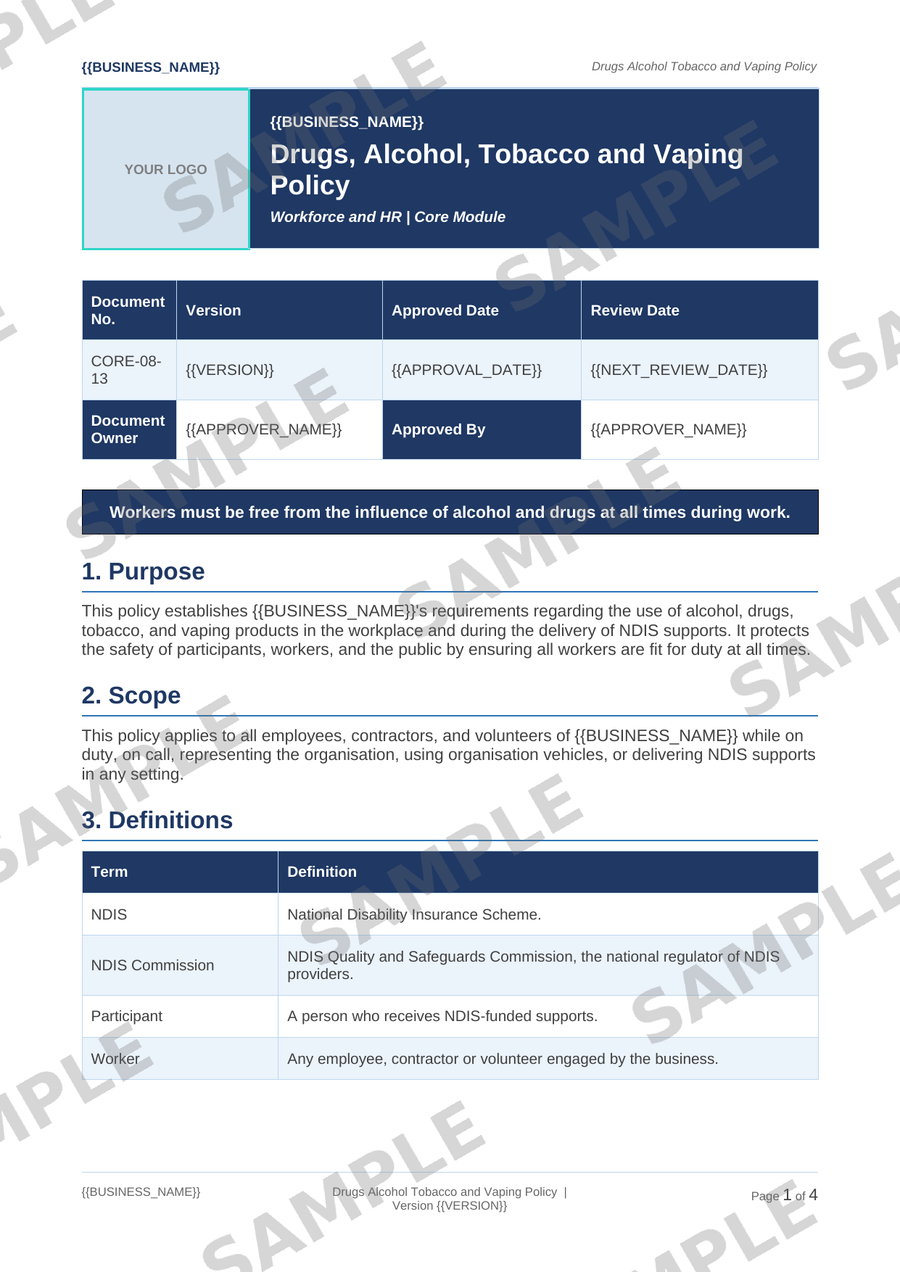 Drugs Alcohol Tobacco and Vaping Policy sample page preview