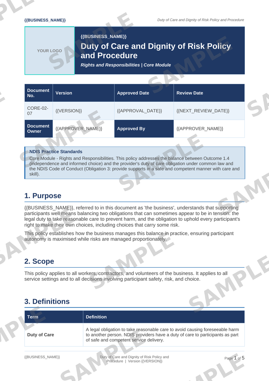 Duty of Care and Dignity of Risk Policy and Procedure sample page preview