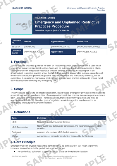 Emergency and Unplanned Restrictive Practices Procedure sample page preview