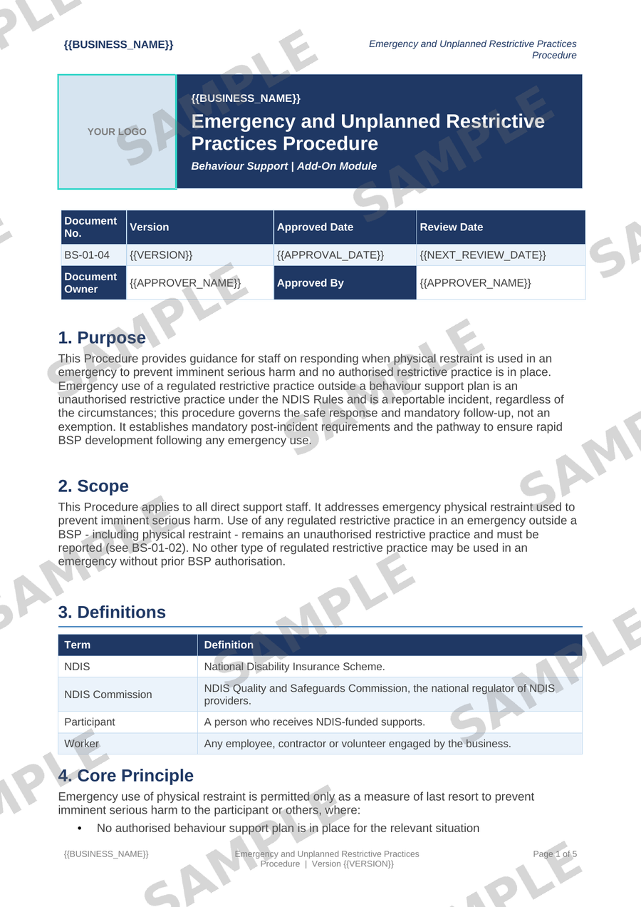 Emergency and Unplanned Restrictive Practices Procedure sample page preview
