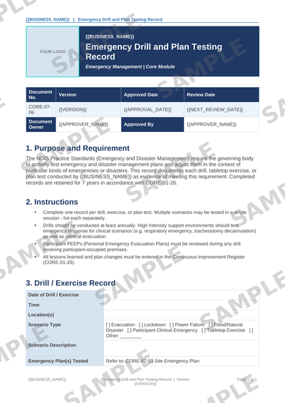 Emergency Drill and Plan Testing Record sample page preview
