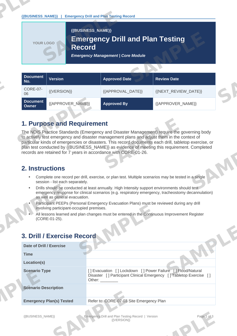 Emergency Drill and Plan Testing Record sample page preview