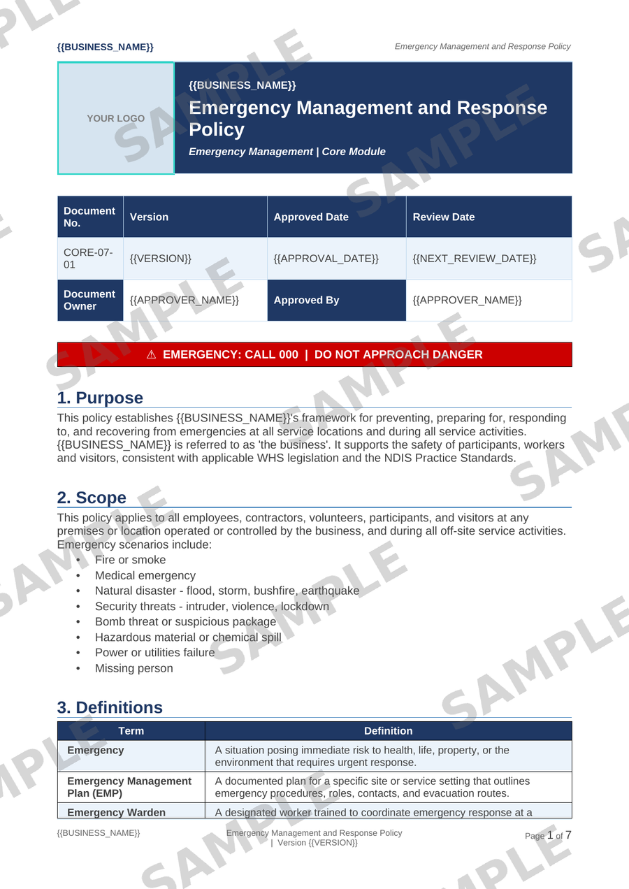 Emergency Management and Response Policy sample page preview