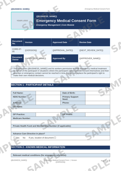 Emergency Medical Consent Form sample page preview