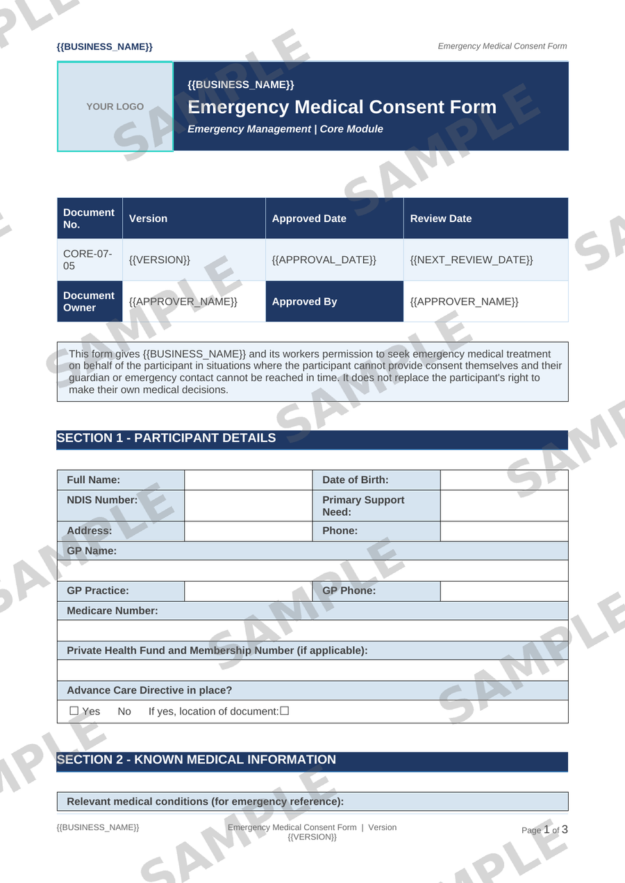 Emergency Medical Consent Form sample page preview