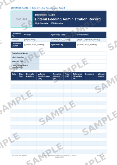 Enteral Feeding Administration Record sample page preview