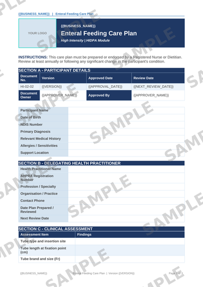 Enteral Feeding Care Plan sample page preview