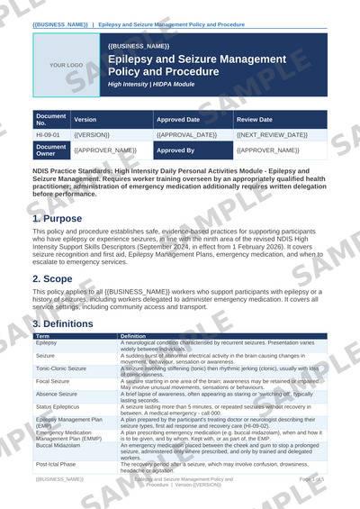 Epilepsy and Seizure Management Policy and Procedure sample page preview