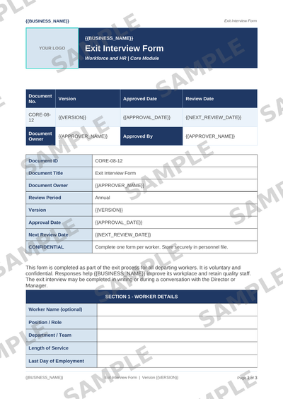 Exit Interview Form sample page preview