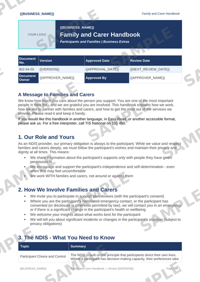 Family and Carer Handbook sample page preview