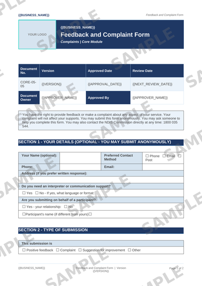 Feedback and Complaint Form sample page preview