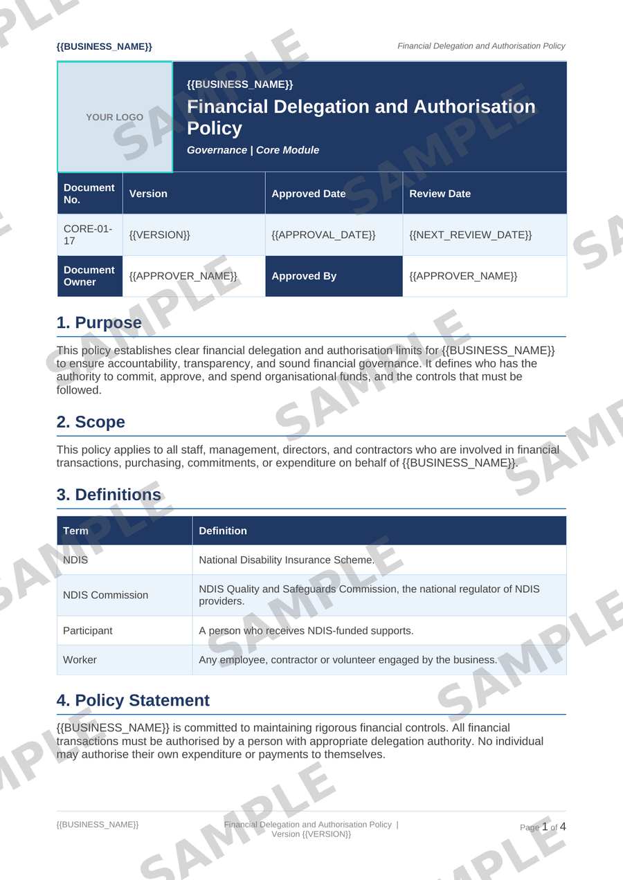 Financial Delegation and Authorisation Policy sample page preview