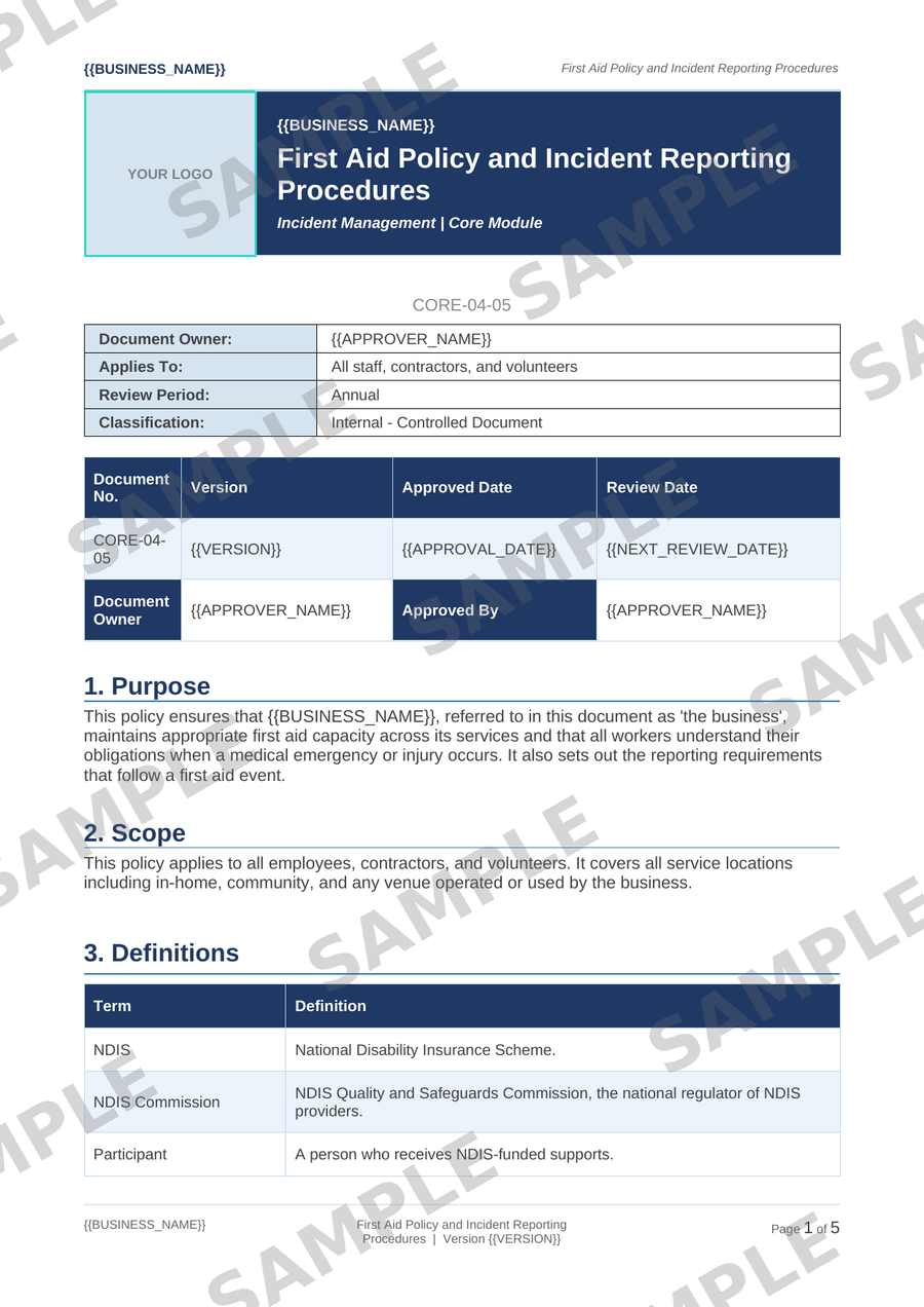 First Aid Policy and Incident Reporting Procedures sample page preview