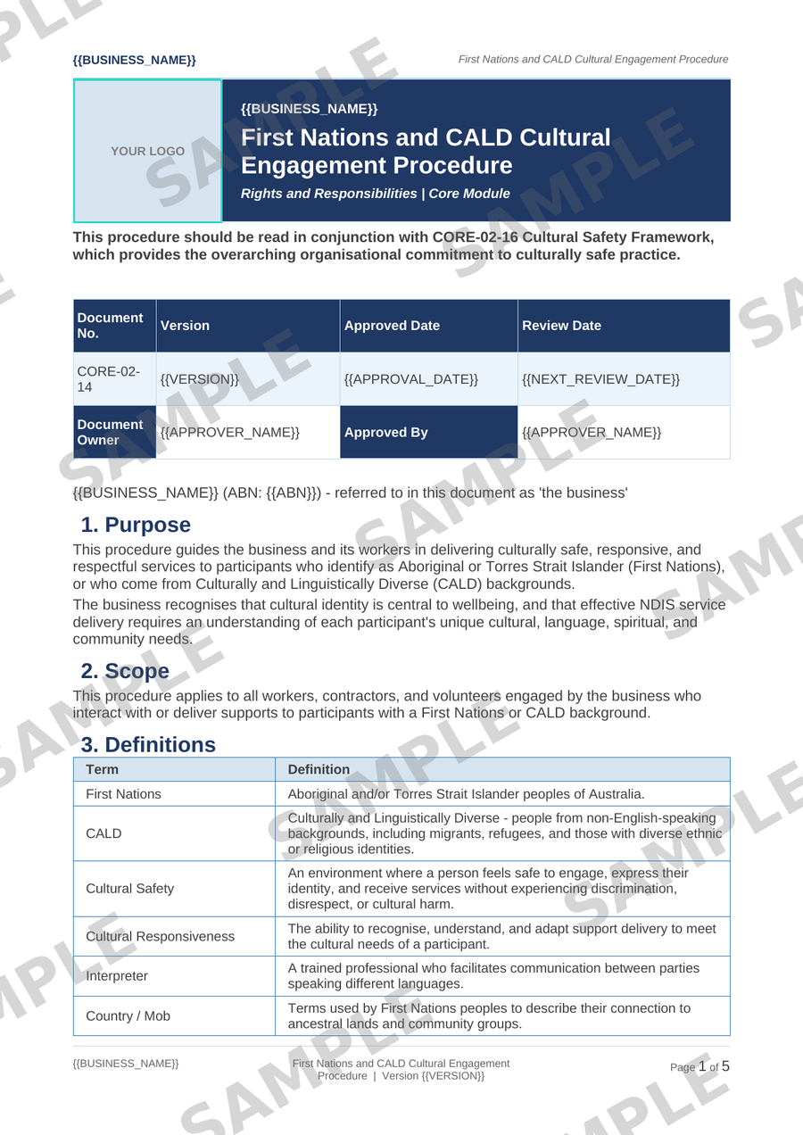 First Nations and CALD Cultural Engagement Procedure sample page preview
