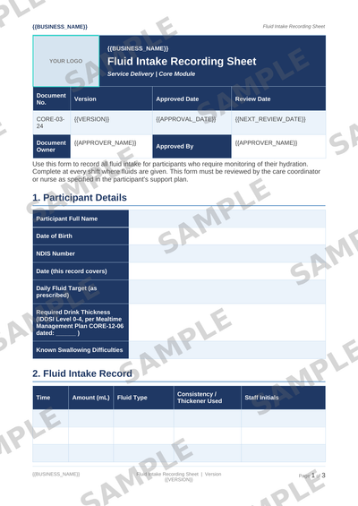 Fluid Intake Recording Sheet sample page preview
