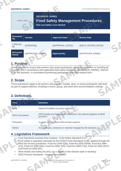 Food Safety Management Procedures sample page preview