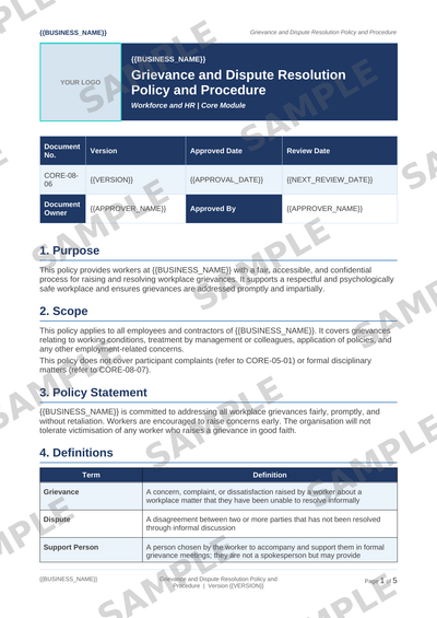 Grievance and Dispute Resolution Policy and Procedure sample page preview