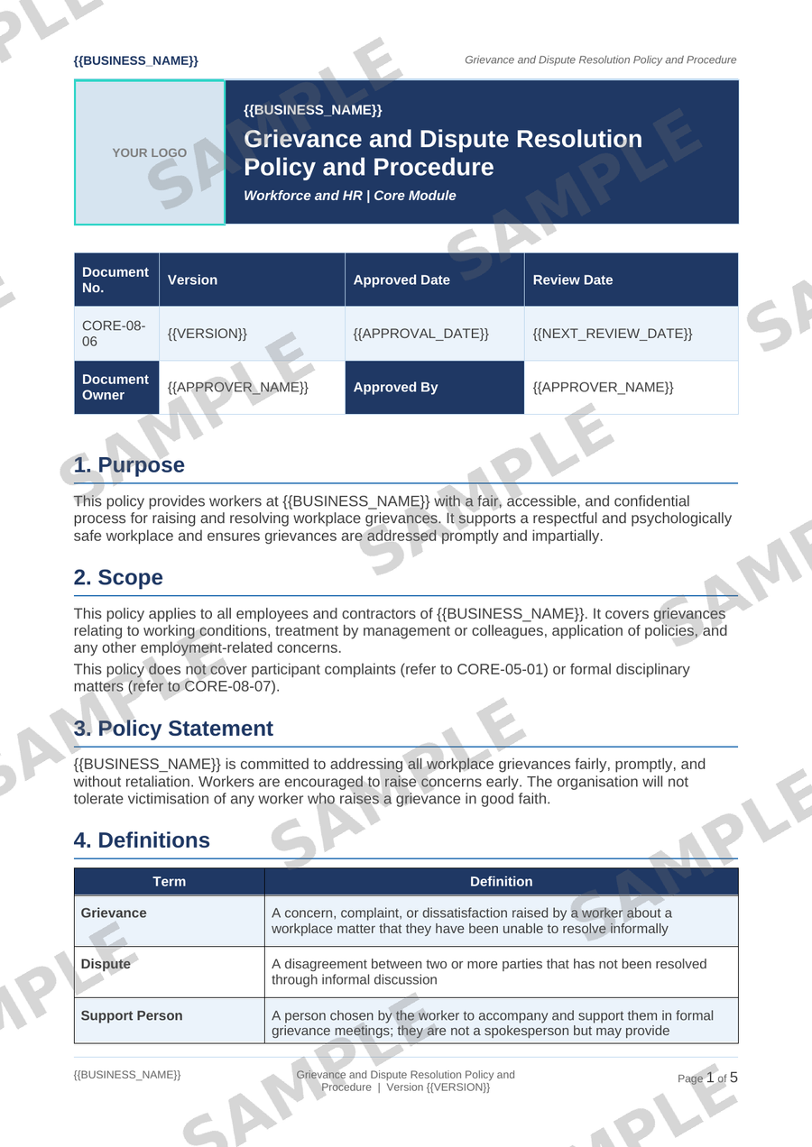 Grievance and Dispute Resolution Policy and Procedure sample page preview
