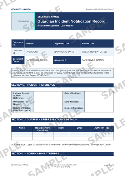 Guardian Incident Notification Record sample page preview