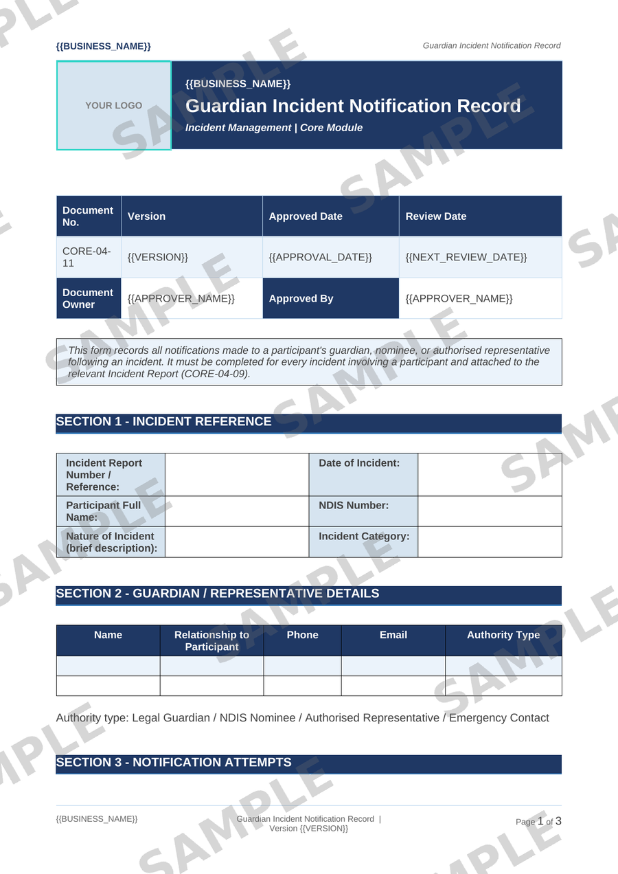 Guardian Incident Notification Record sample page preview