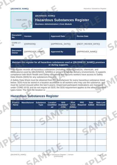 Hazardous Substances Register sample page preview