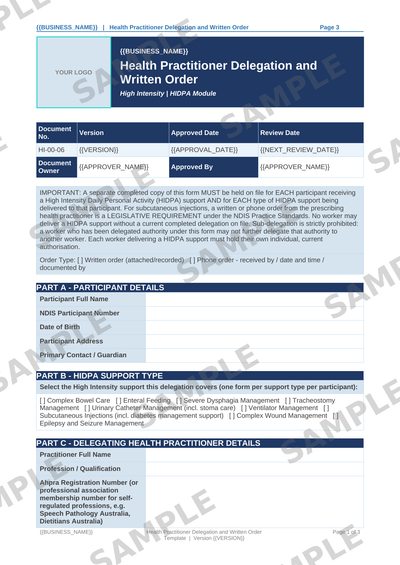 Health Practitioner Delegation and Written Order Template sample page preview
