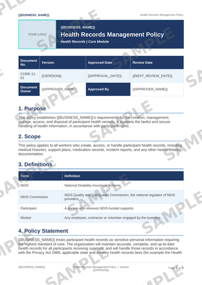 Health Records Management Policy sample page preview