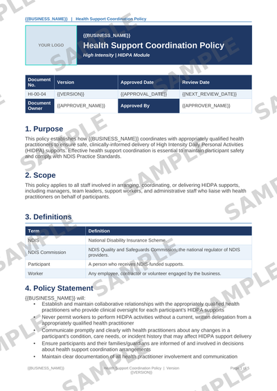 Health Support Coordination Policy sample page preview