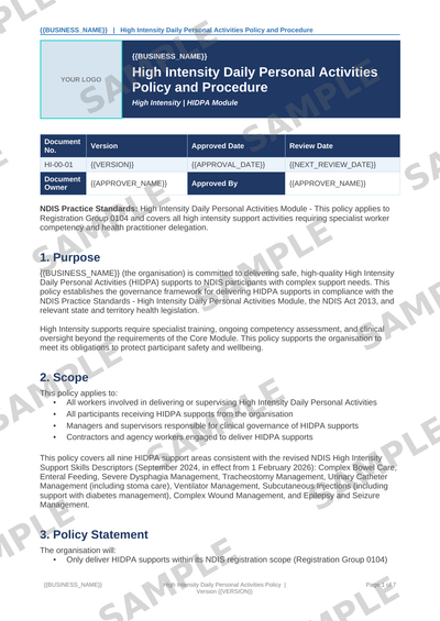 High Intensity Daily Personal Activities Policy sample page preview