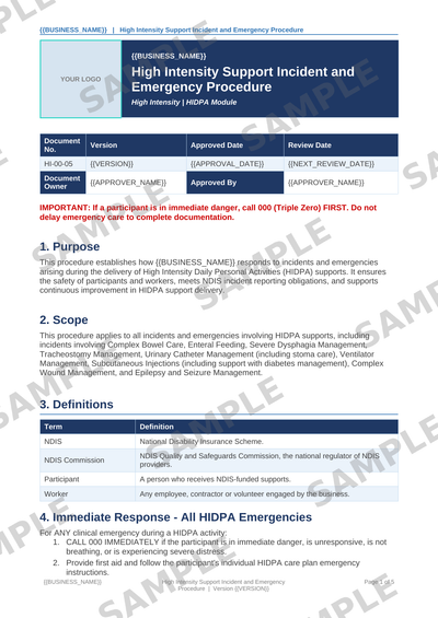 High Intensity Support Incident and Emergency Procedure sample page preview