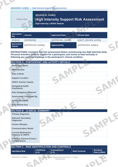 High Intensity Support Risk Assessment sample page preview