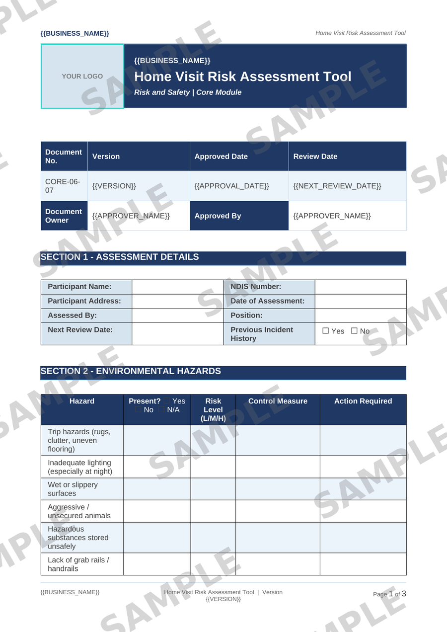 Home Visit Risk Assessment Tool sample page preview