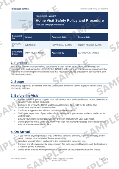 Home Visit Safety Policy and Procedure sample page preview
