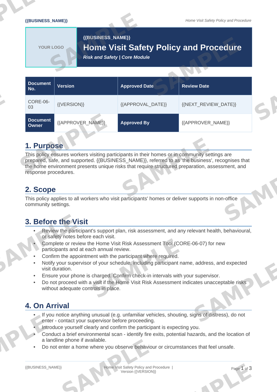 Home Visit Safety Policy and Procedure sample page preview